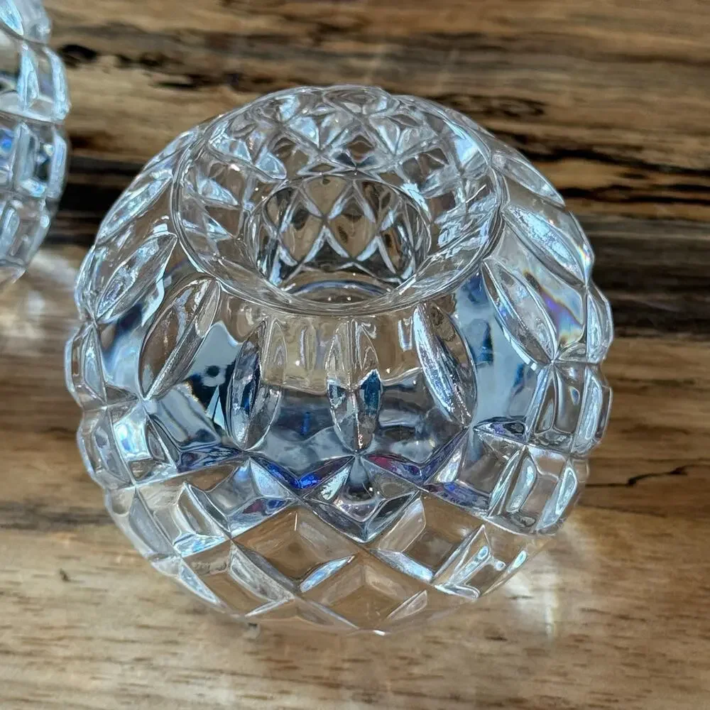 Pair VTG Illusions Samobor 24% Lead Crystal Votive Candle Holder Rose Bowl Set 2